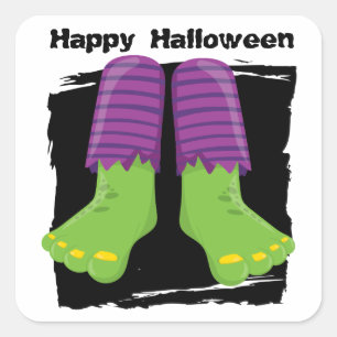 Happy Halloween Green Monster Feet Quadratischer Aufkleber