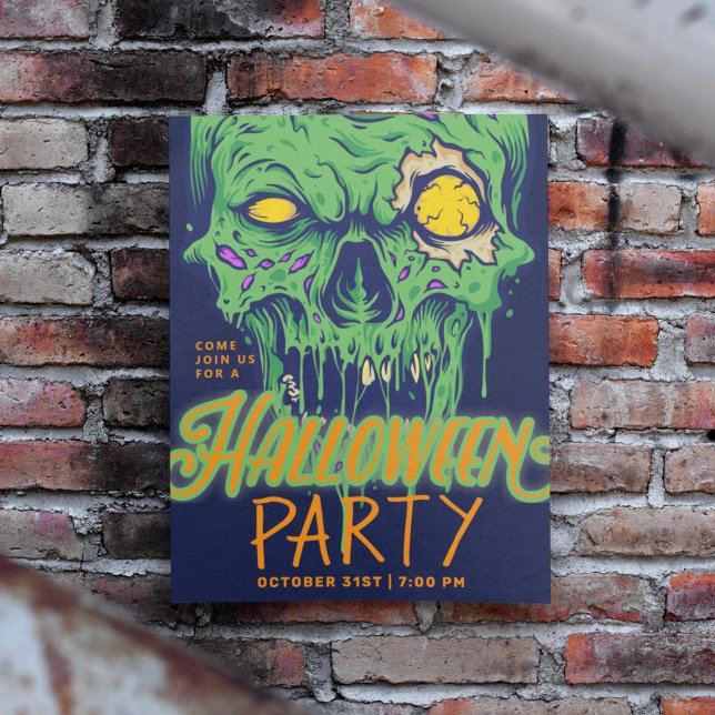 Happy Halloween | Green Slimy Zombie Skull Einladung (Von Creator hochgeladen)