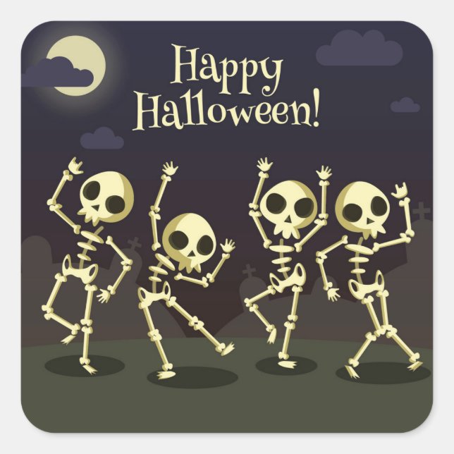 Happy Halloween - Happy Skeletons Quadratischer Aufkleber (Vorderseite)