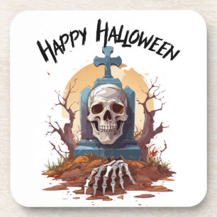 Happy Halloween Head Stone and Skeleton Getränkeuntersetzer