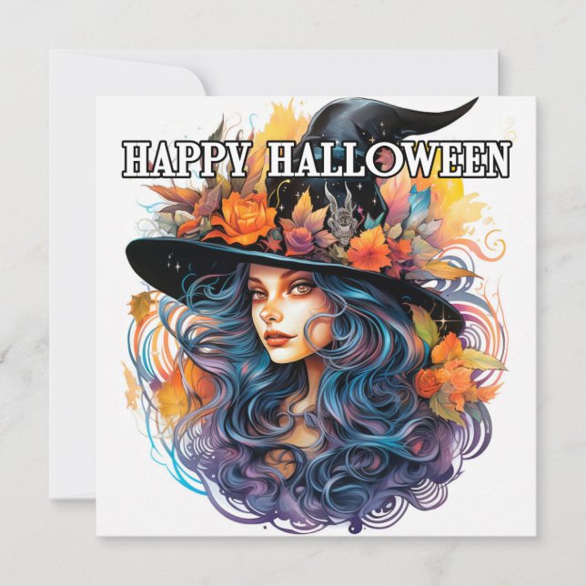 Happy Halloween | Herbst-Hexendarstellung Karte (Vorderseite)