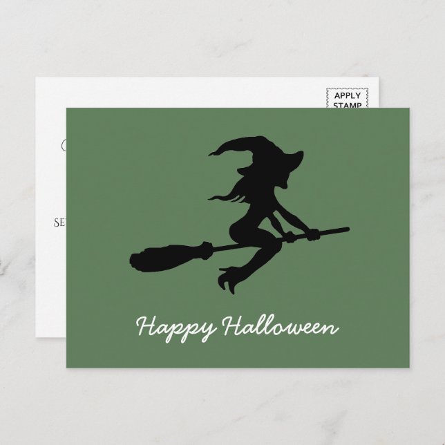 Happy Halloween, Hexe auf Broomstick Einladungspostkarte (Vorne/Hinten)