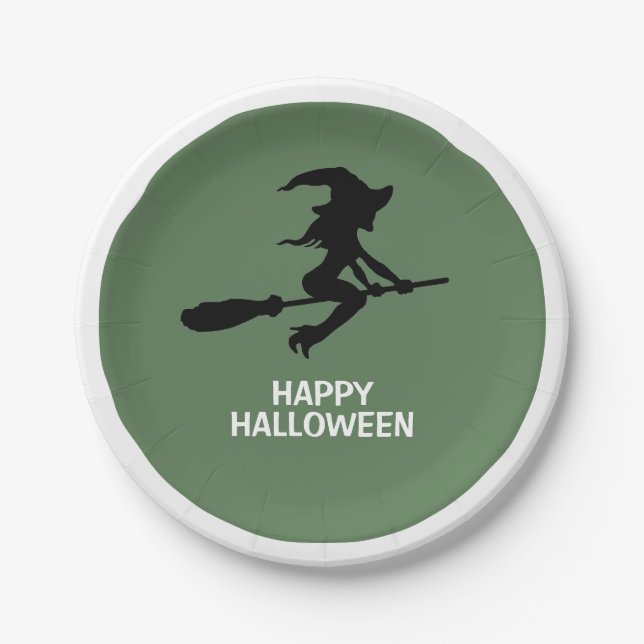 Happy Halloween, Hexe auf Broomstick Pappteller (Vorderseite)