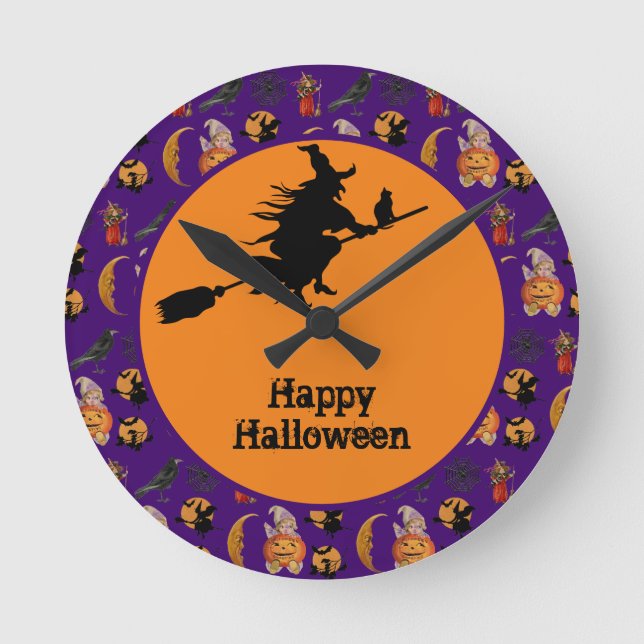 Happy Halloween Hexe auf einer Broom-Wohngestaltun Runde Wanduhr (Vorderseite)