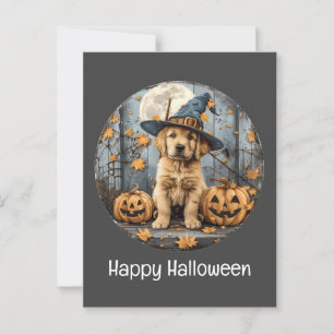 Happy Halloween Hexe Golden Retriever Dog Pumpkin Postkarte