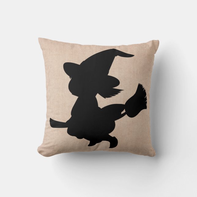 Happy Halloween Hexe mit Broom Burlap Kissen (Vorderseite)