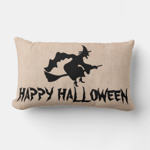 Happy Halloween Hexe mit ihrem Broom Burlap Throw Lendenkissen