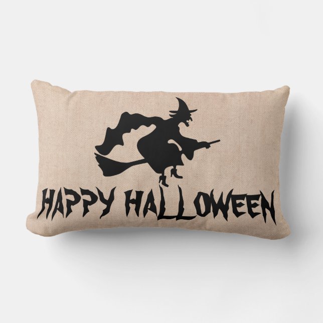 Happy Halloween Hexe mit ihrem Broom Burlap Throw Lendenkissen (Vorderseite)