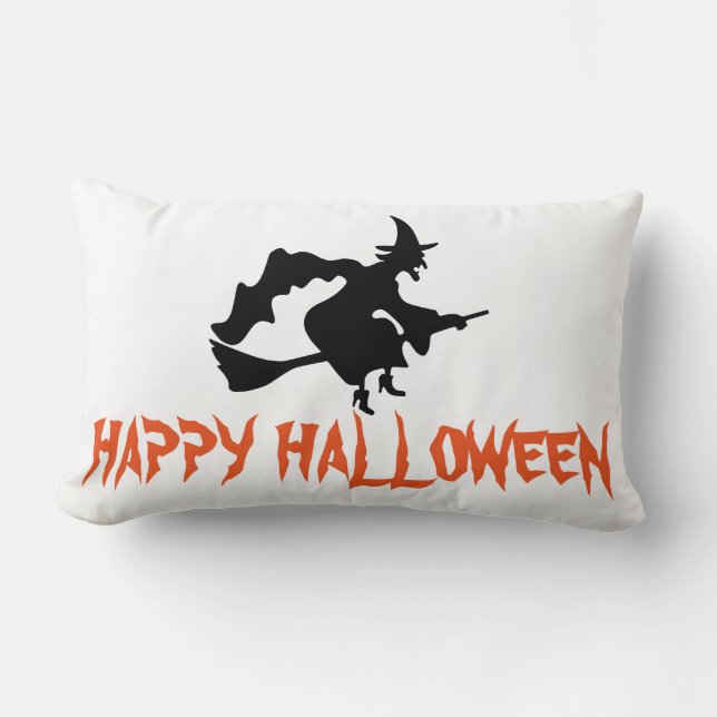 Happy Halloween Hexe mit ihrem Broom White Throw Lendenkissen (Vorderseite)