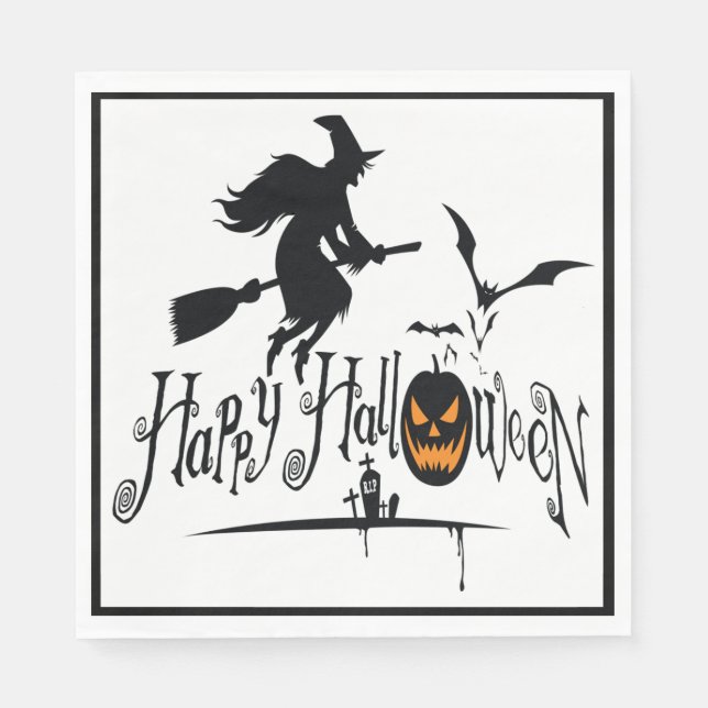Happy Halloween Hexe und Fledermäuse Serviette (Vorderseite)