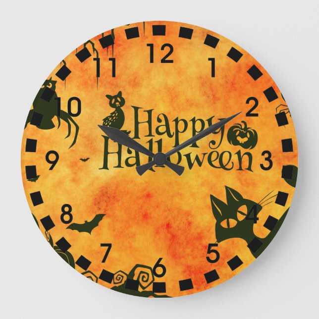 Happy Halloween Hexen Cats Spiders Owls Pumpkins Große Wanduhr (Vorderseite)
