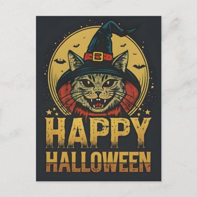 Happy Halloween-Hexenkatze Feiertagspostkarte (Vorderseite)