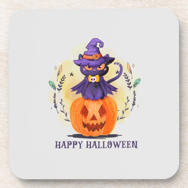 Happy Halloween - Hexenkatze Getränkeuntersetzer (Vorderseite)