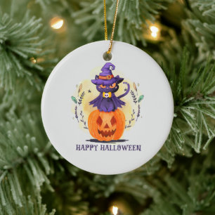 Happy Halloween - Hexenkatze Keramik Ornament