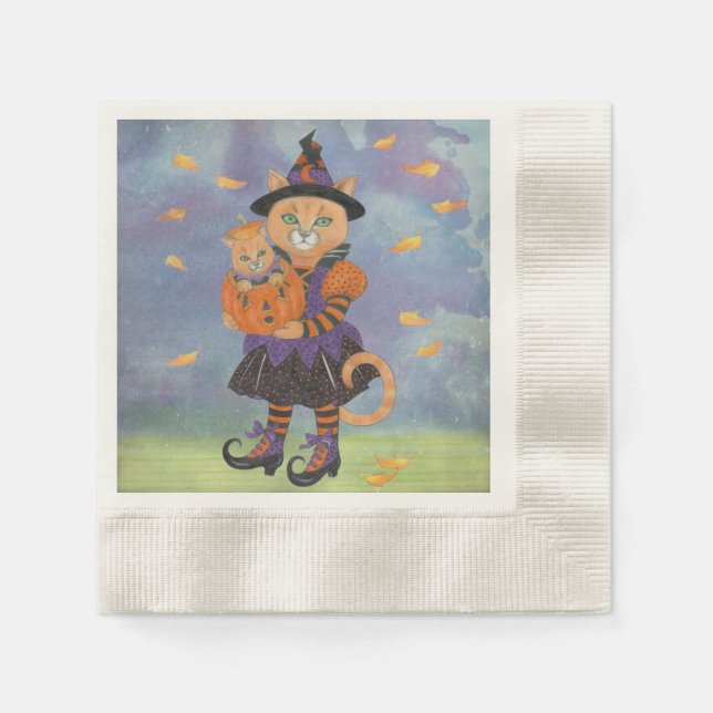 Happy Halloween Hexenkatze und Pumpkin Kitty Serviette (Vorderseite)
