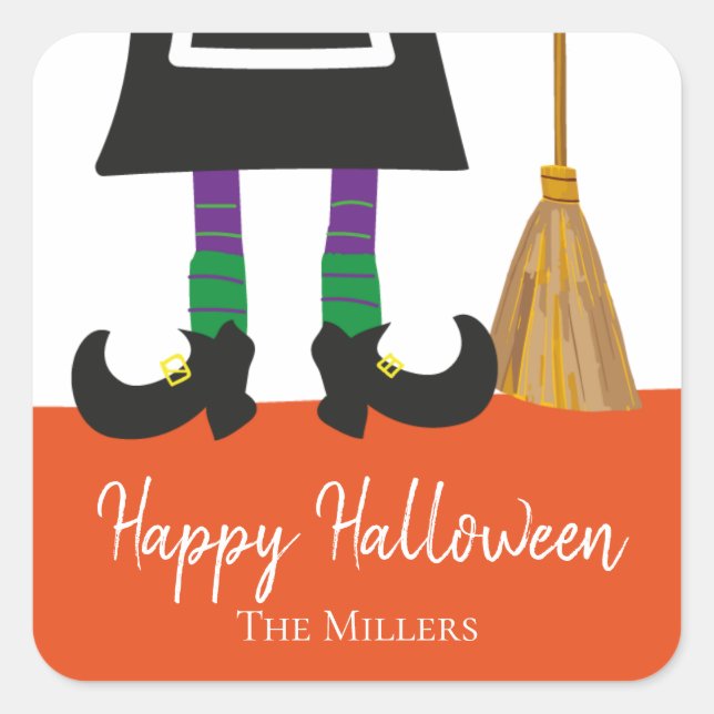 Happy Halloween HexenLegs & Broom Personalisiert Quadratischer Aufkleber (Vorderseite)