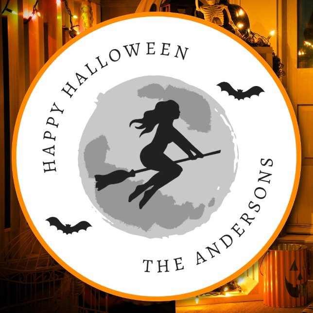 Happy Halloween Hexenriding Broom Custom Text Runder Aufkleber (Von Creator hochgeladen)