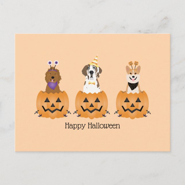 Happy Halloween Hunde in Pumpkins Postkarte (Vorderseite)