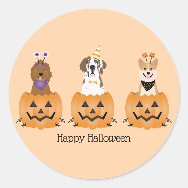 Happy Halloween Hunde in Pumpkins Runder Aufkleber (Vorderseite)