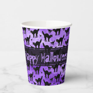 Happy Halloween Iconic Black Cat Silhouette Lila Pappbecher