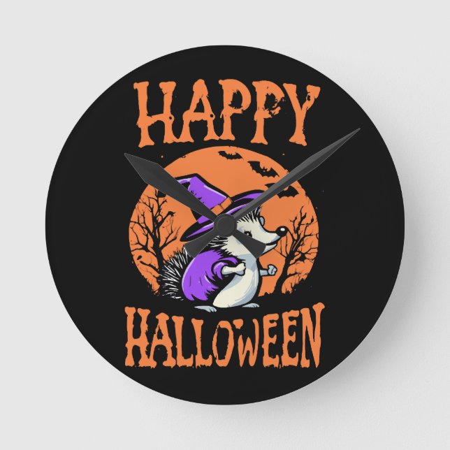 Happy Halloween Igel Hexe Runde Wanduhr (Vorderseite)