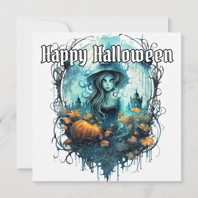Happy Halloween | Illustration der weiblichen Hexe Karte (Vorderseite)