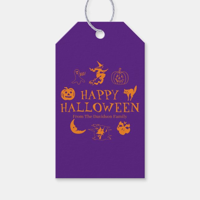 Happy Halloween individuelle Name lila-orangefarbe Geschenkanhänger (Vorderseite)