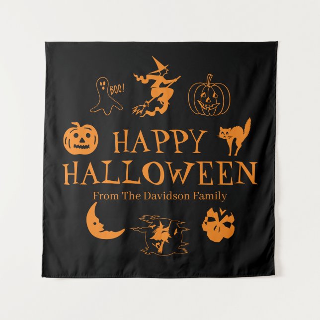 Happy Halloween individuelle Name Schwarz-Orange D Wandteppich (Vorderseite)