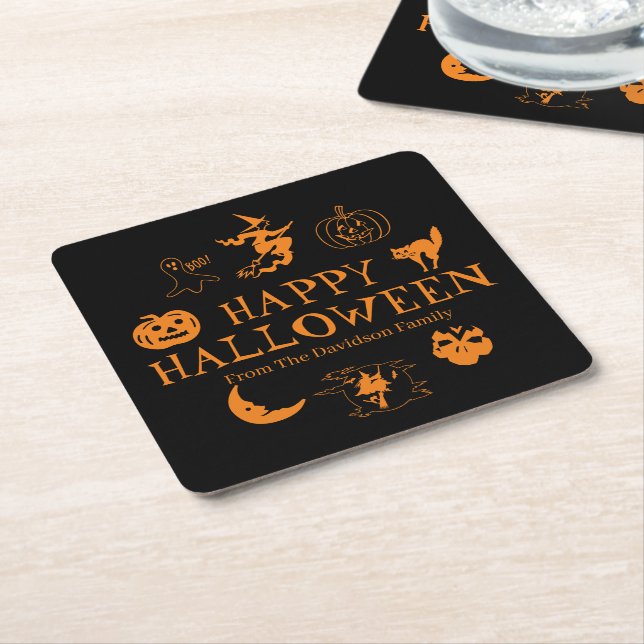 Happy Halloween individuelle Name schwarz-orange L Rechteckiger Pappuntersetzer (angewinkelt)