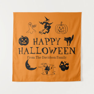 Happy Halloween individuelle Name schwarz-orange Wandteppich