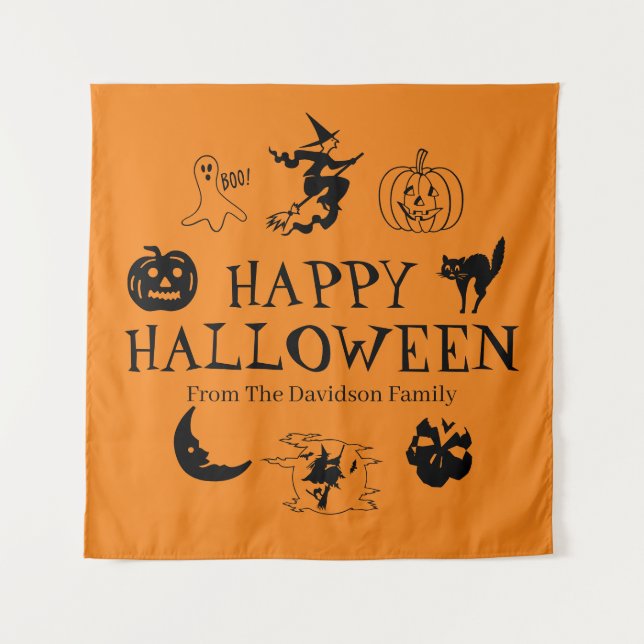 Happy Halloween individuelle Name schwarz-orange Wandteppich (Vorderseite)