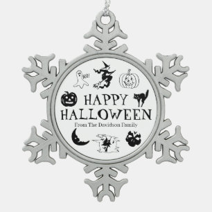 Happy Halloween individuelle Name schwarz undurchs Schneeflocken Zinn-Ornament