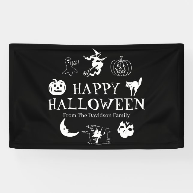Happy Halloween individuelle Name Schwarz-weiße Sp Banner (Horizontal)