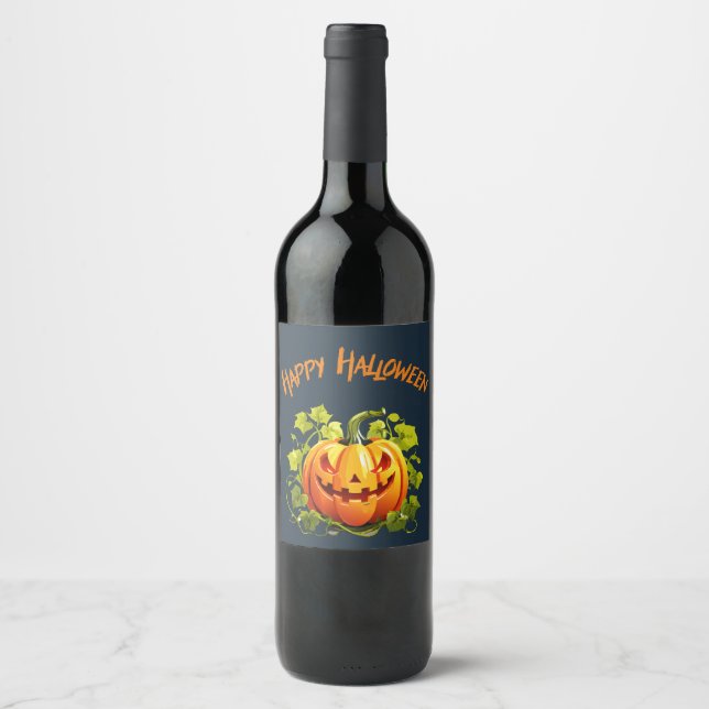 Happy Halloween Jack-O-Lantern auf Wein Weinetikett (Vorderseite)