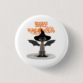 Happy Halloween. Katze mit Flügeln und Hexenhut Button