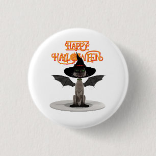 Happy Halloween. Katze mit Flügeln und Hexenhut Button