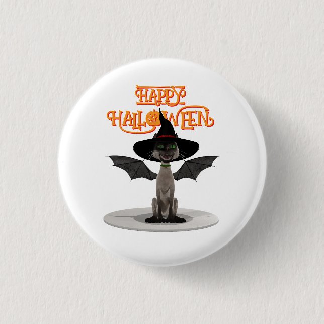 Happy Halloween. Katze mit Flügeln und Hexenhut Button (Vorderseite)