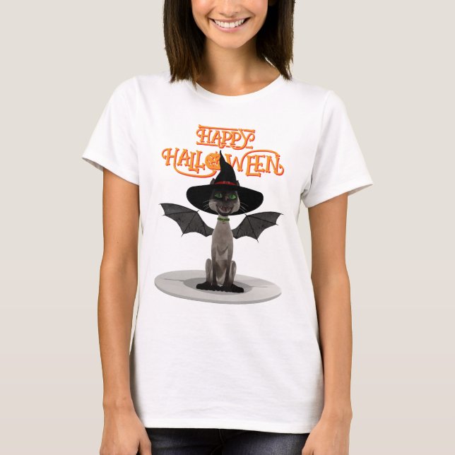 Happy Halloween. Katze mit Flügeln und Hexenhut T-Shirt (Vorderseite)
