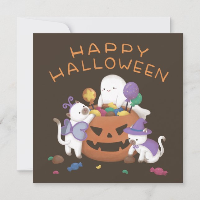 Happy Halloween: Katzen & Geist Einladung (Vorderseite)