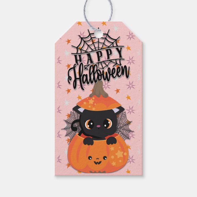 Happy Halloween Kawaii Black Cat in A Pumpkin Geschenkanhänger (Vorderseite)