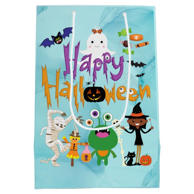 Happy Halloween Kids Niedlich und Spooky Watercolo Mittlere Geschenktüte (Rückseite)