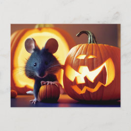 Happy Halloween. Kleine  niedliche Maus mit Kürbis Postkarte