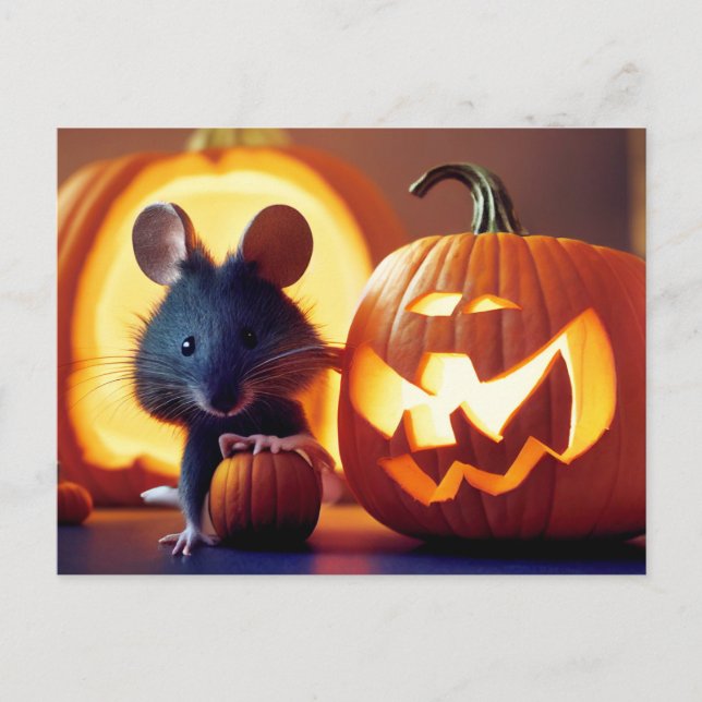 Happy Halloween. Kleine  niedliche Maus mit Kürbis Postkarte (Vorderseite)