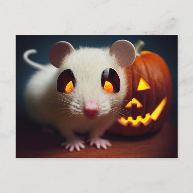  Happy Halloween. Kleine niedliche Maus mit Kürbis Postkarte (Vorderseite)