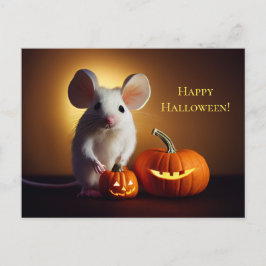  Happy Halloween. Kleine niedliche Maus mit Kürbis Postkarte