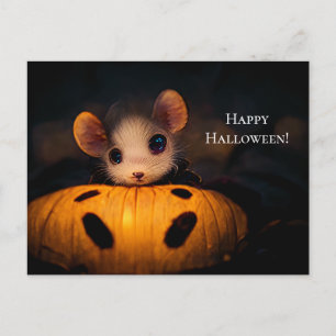 Happy Halloween. Kleine  niedliche Maus mit Kürbis Postkarte