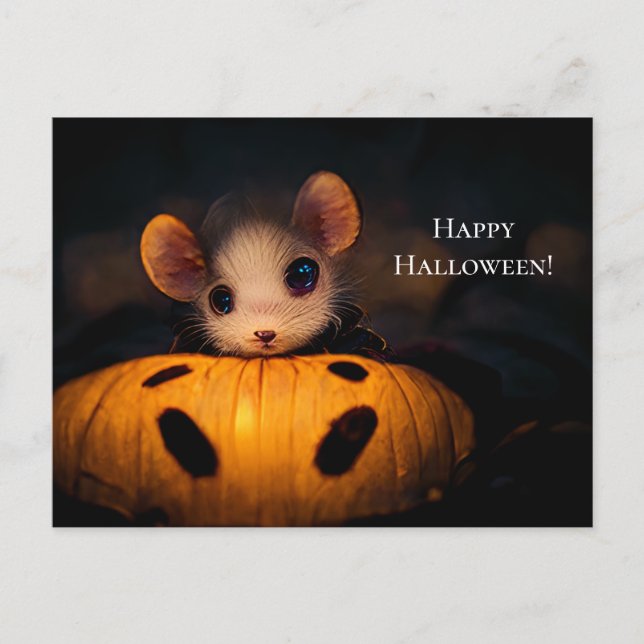 Happy Halloween. Kleine  niedliche Maus mit Kürbis Postkarte (Vorderseite)