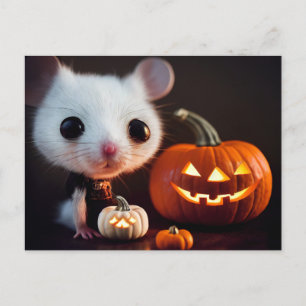 Happy Halloween. Kleine niedliche Maus mit Kürbis. Postkarte