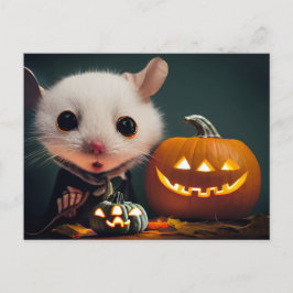  Happy Halloween. Kleine niedliche Maus mit Kürbis Postkarte