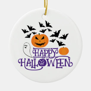 Happy Halloween Kürbis Gespenst Fledermäuse lila T Keramik Ornament